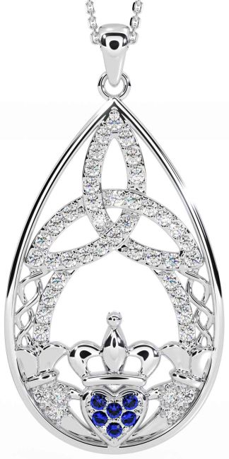 Diamond Sapphire Silver Claddagh Celtic Trinity Knot Necklace