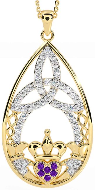 Diamond Amethyst Gold Claddagh Celtic Trinity Knot Necklace