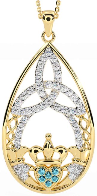 Diamond Aquamarine Gold Claddagh Celtic Trinity Knot Necklace