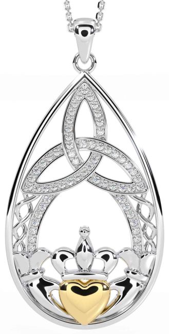 Diamond Gold Silver Claddagh Celtic Trinity Knot Necklace