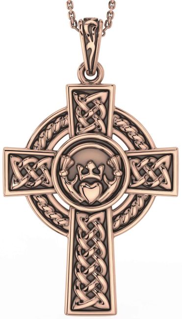 Rose Gold Silver Black Rhodium Celtic Cross Claddagh Necklace