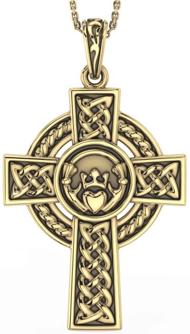 Gold Silver Black Rhodium Celtic Cross Claddagh Necklace