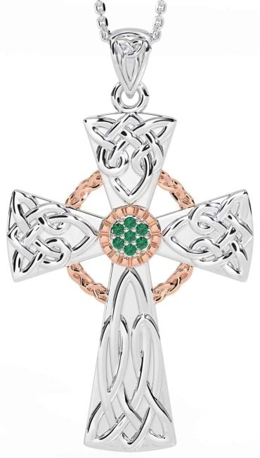Large Emerald Rose Gold Silver Celtic Cross Necklace