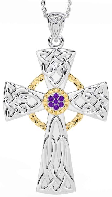 Large Amethyst Gold Silver Celtic Cross Necklace