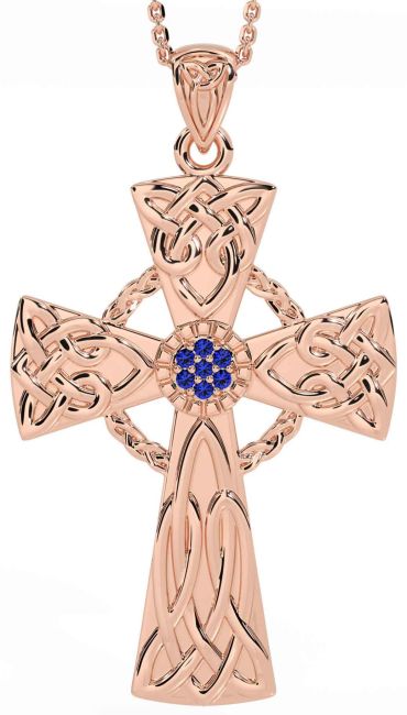 Large Sapphire Rose Gold Silver Celtic Cross Necklace