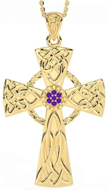 Large Amethyst Gold Silver Celtic Cross Necklace