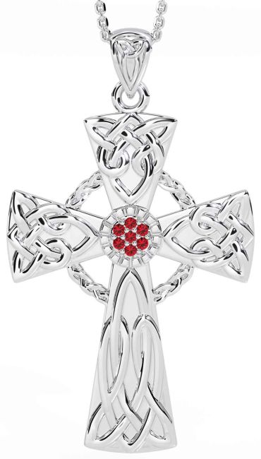 Large Ruby Silver Celtic Cross Necklace