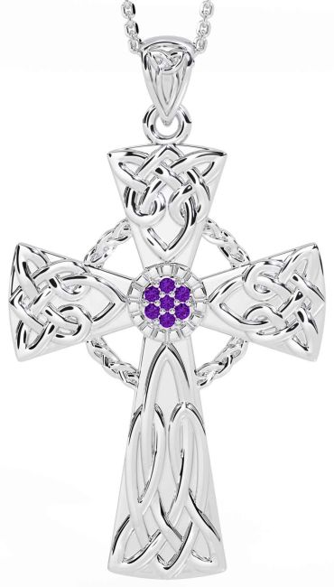 Large Amethyst White Gold Celtic Cross Necklace