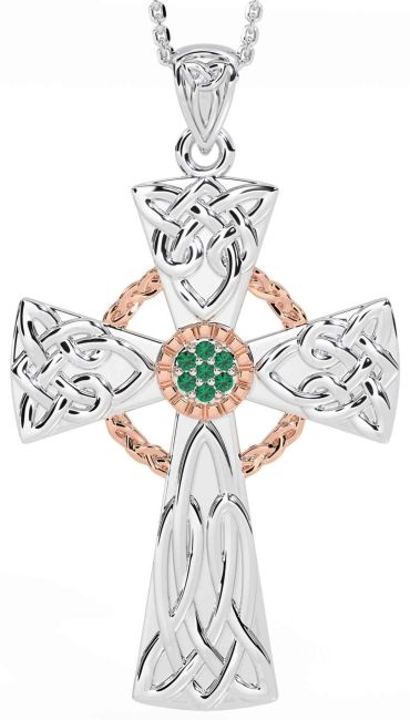 Large Emerald White Rose Gold Celtic Cross Necklace