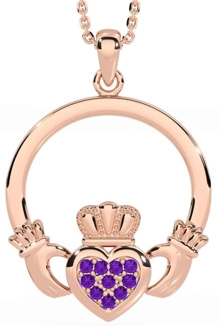 Amethyst Rose Gold Silver Claddagh Necklace
