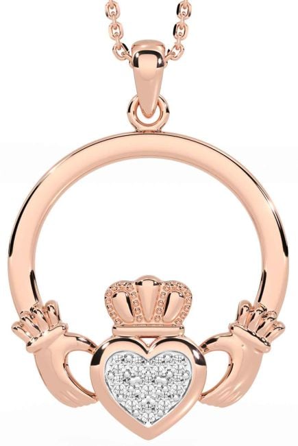 Diamond Rose Gold Silver Claddagh Necklace