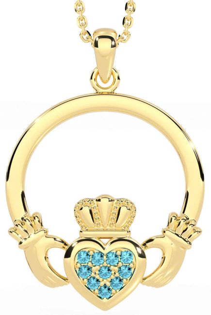 Aquamarine Gold Silver Claddagh Necklace
