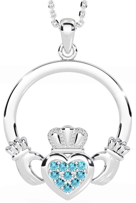 Aquamarine Silver Claddagh Necklace
