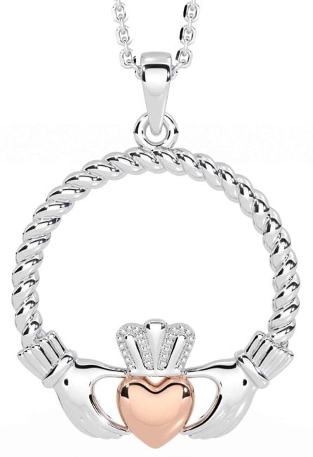 White Rose Gold Celtic Claddagh Necklace