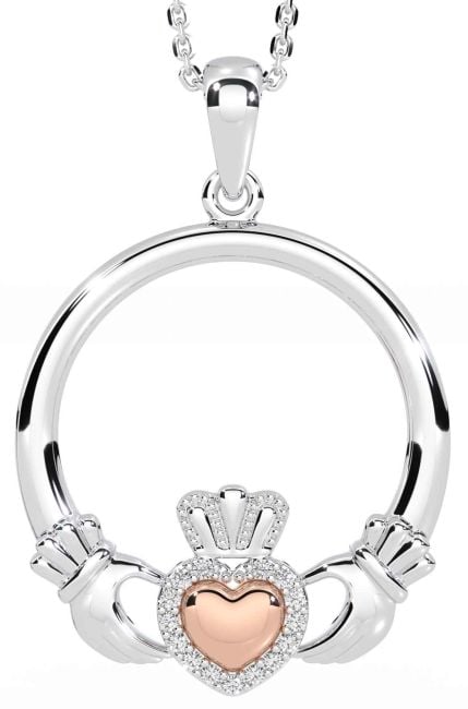 Diamond Rose Gold Silver Claddagh Necklace