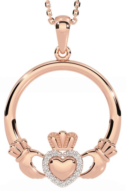 Diamond Rose Gold Silver Claddagh Necklace