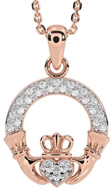 Diamond Rose Gold Silver Claddagh Necklace