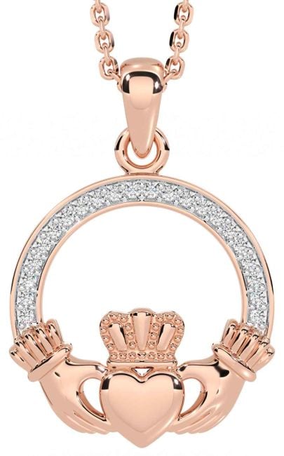 Diamond Rose Gold Silver Claddagh Necklace