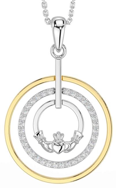 Diamond White Yellow Gold Claddagh Necklace