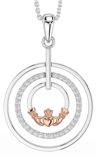 Diamond Rose Gold Silver Claddagh Necklace