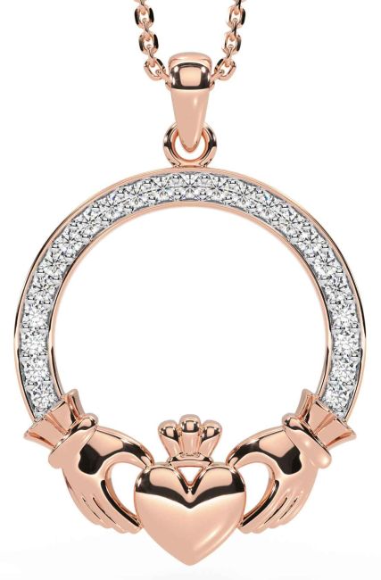 Diamond Rose Gold Silver Claddagh Necklace