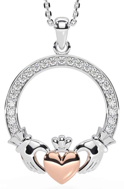 Diamond Rose Gold Silver Claddagh Necklace