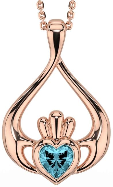 Aquamarine Rose Gold Silver Claddagh Necklace