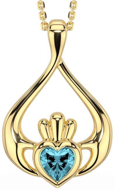 Aquamarine Gold Silver Claddagh Necklace