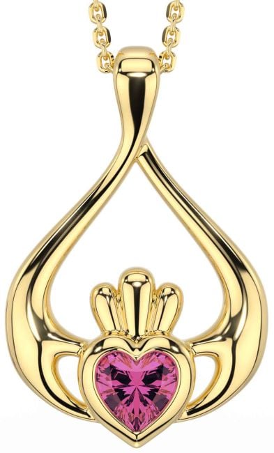 Pink Tourmaline Gold Silver Claddagh Necklace