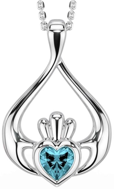 Aquamarine Silver Claddagh Necklace