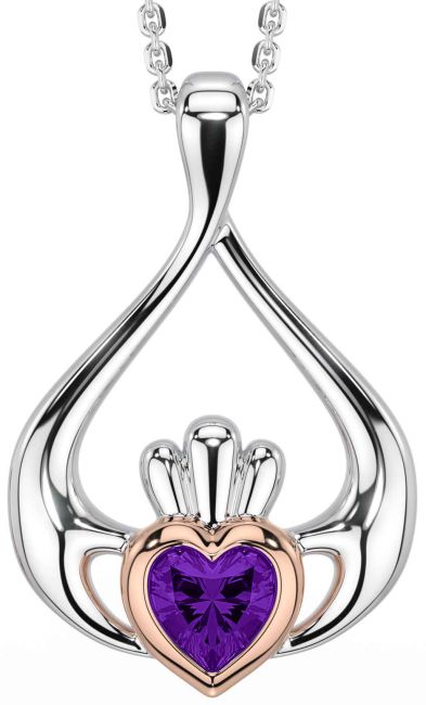 Amethyst Rose Gold Silver Claddagh Necklace