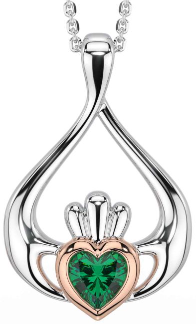Emerald Rose Gold Silver Claddagh Necklace