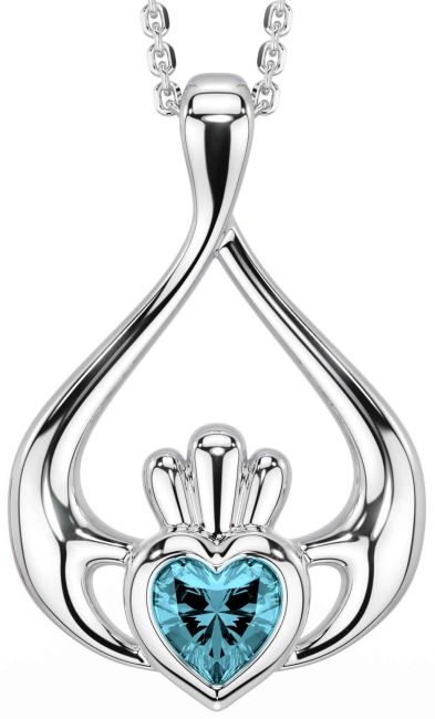 Aquamarine White Gold Claddagh Necklace