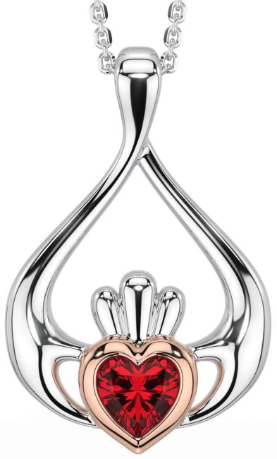 Ruby White Rose Gold Claddagh Necklace