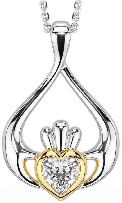 Diamond White Yellow Gold Claddagh Necklace