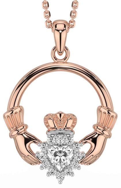 Diamond Rose Gold Silver Claddagh Necklace