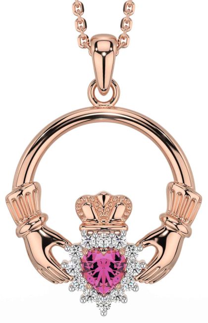 Diamond Pink Tourmaline Rose Gold Silver Claddagh Necklace