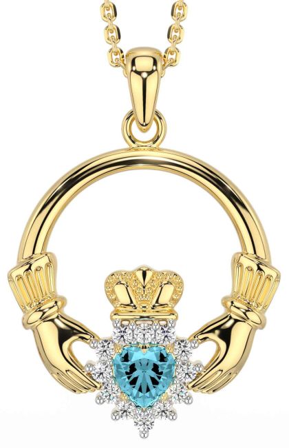 Diamond Aquamarine Gold Silver Claddagh Necklace