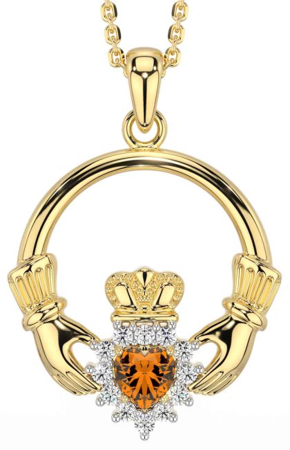 Diamond Citrine Gold Silver Claddagh Necklace