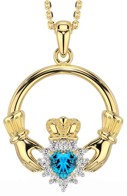 Diamond Topaz Gold Silver Claddagh Necklace