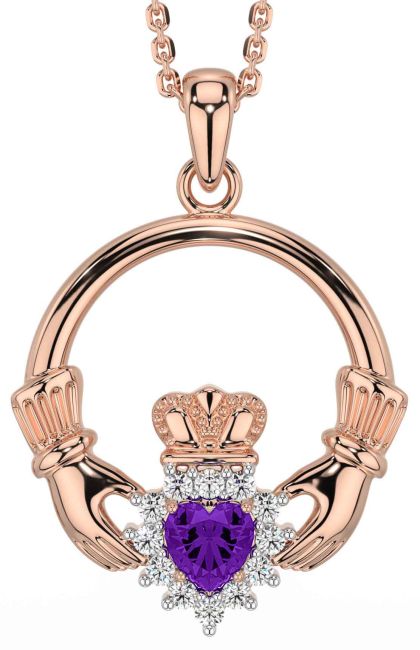 Diamond Amethyst Rose Gold Claddagh Necklace