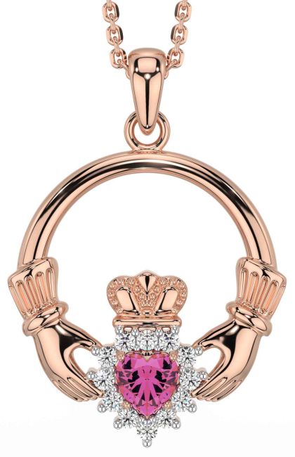 Diamond Pink Tourmaline Rose Gold Claddagh Necklace