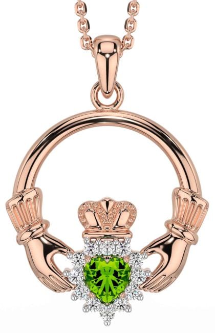 Diamond Peridot Rose Gold Claddagh Necklace