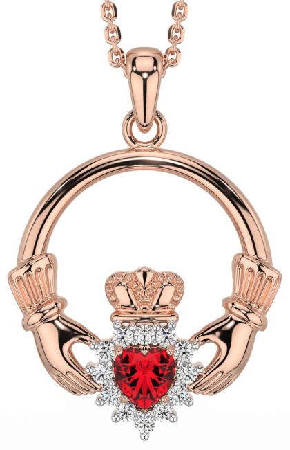 Diamond Ruby Rose Gold Claddagh Necklace