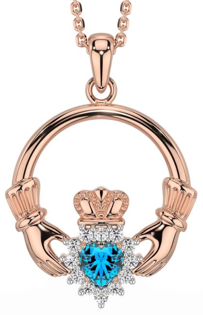 Diamond Topaz Rose Gold Claddagh Necklace