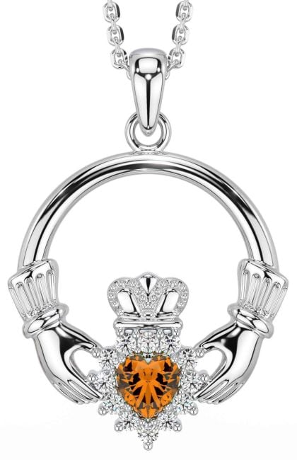 Diamond Citrine Silver Claddagh Necklace