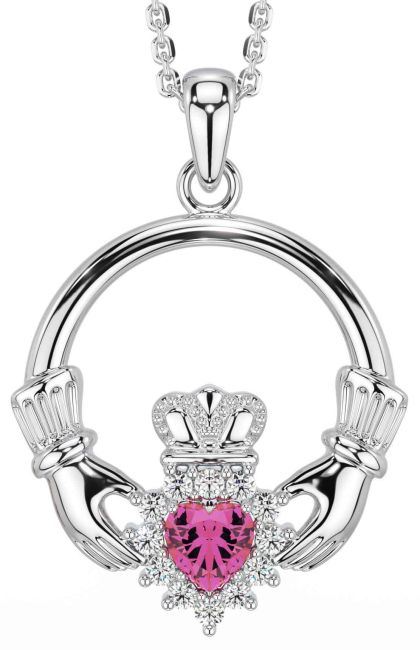 Diamond Pink Tourmaline Silver Claddagh Necklace