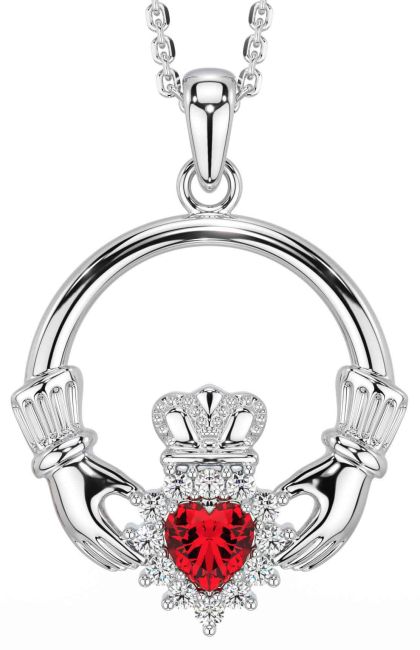 Diamond Ruby Silver Claddagh Necklace