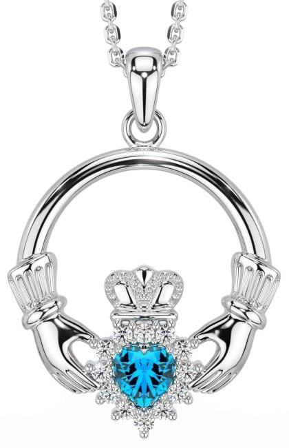 Diamond Topaz Silver Claddagh Necklace