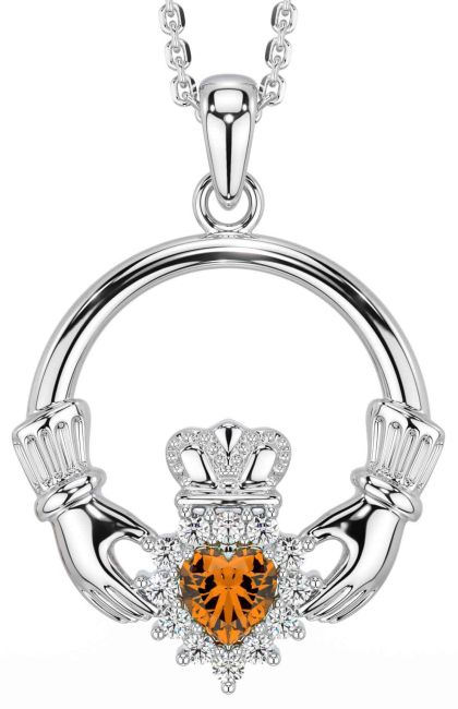 Diamond Citrine White Gold Claddagh Necklace